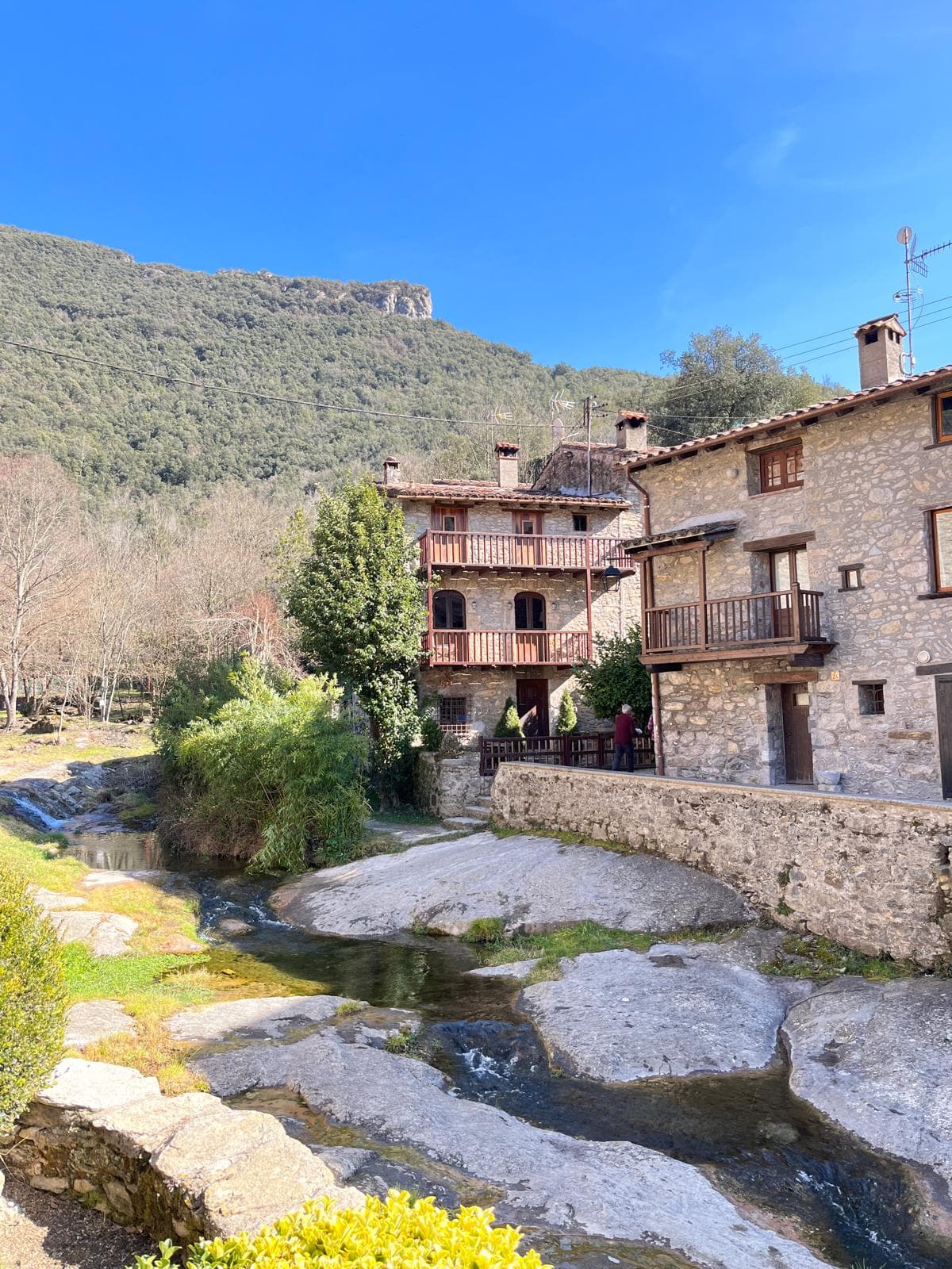 Stone houses beside a mountain stream in a Pyrenean-foothill village