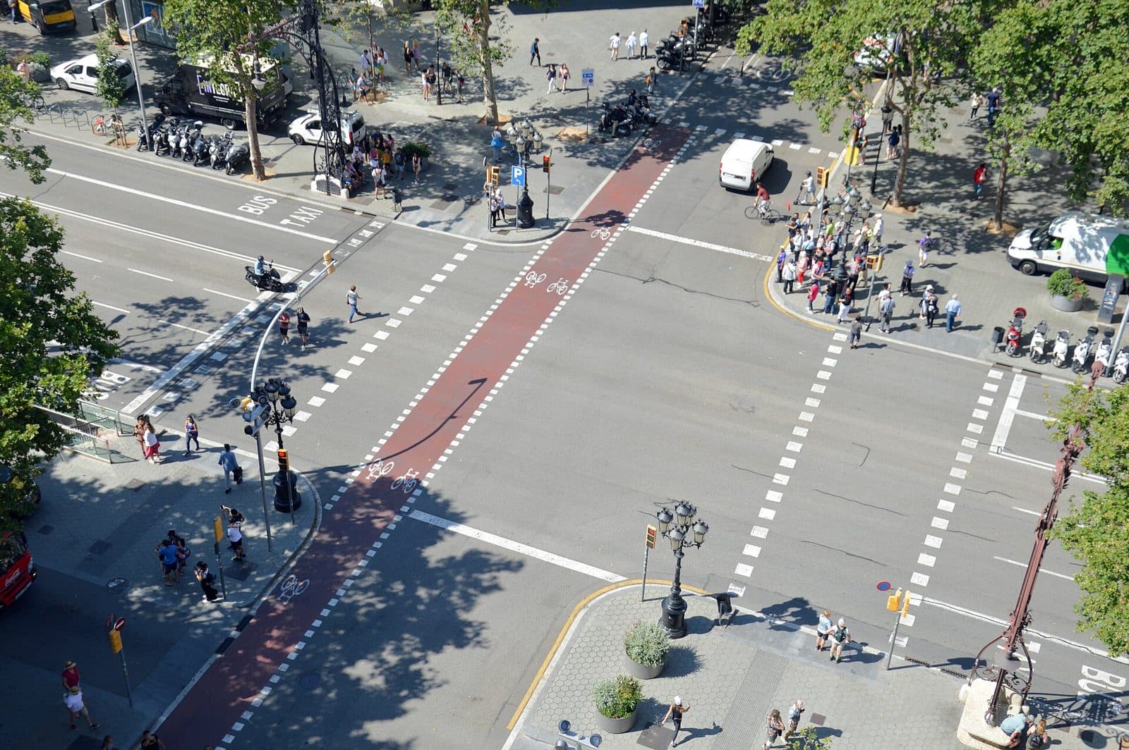 An aerial view of Passeig de Gràcia and the chamfered corners of Barcelona’s Eixample grid