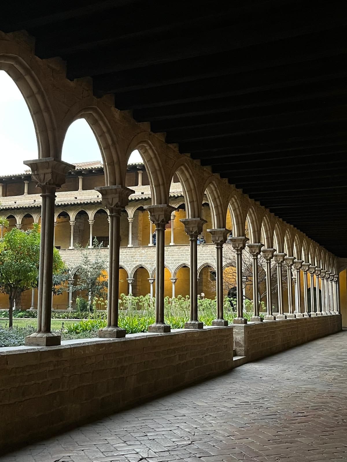 A columned walkway inside the Pedralbes cloister, its Gothic capitals receding in a line