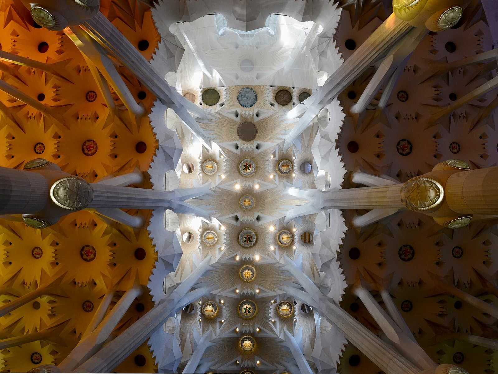 The vaulted ceiling of the Sagrada Família nave, filled with light through Gaudí’s star-shaped skylights