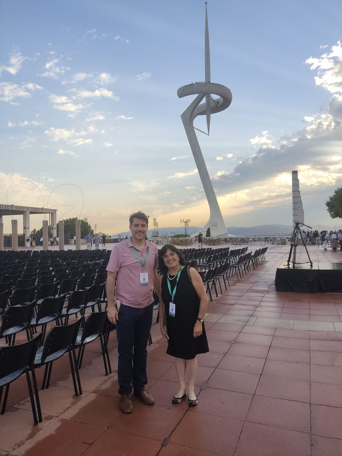 Two of the team at an event below the Montjuïc communications tower