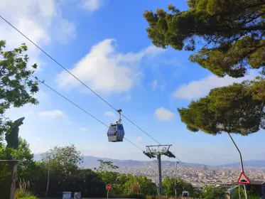 A cable car crossing above the city on the Montjuïc line