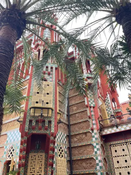 Hojas de palmera contra la torre de cerámica de la casa