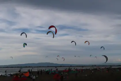 Estels de kitesurf omplint el cel sobre la platja del delta