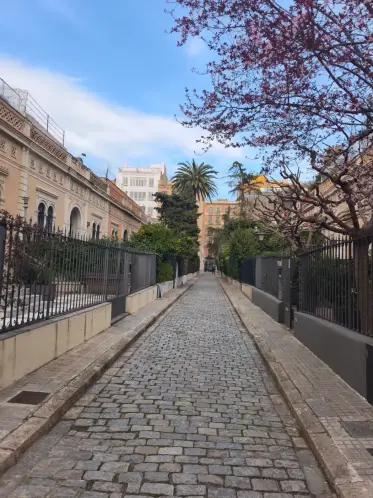 Un pasaje empedrado y tranquilo con flores sobre los muros del jardín