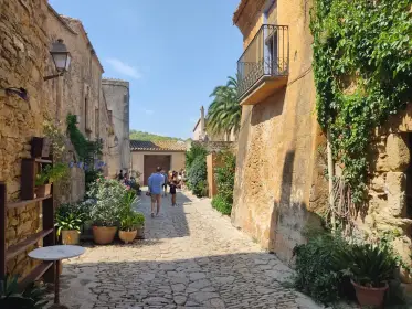 Café tables set out in a planted lane in the shade