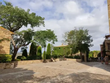 An open square with clipped trees and a stone bench