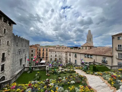 Parterres de flores en una terraza con el casco antiguo detrás