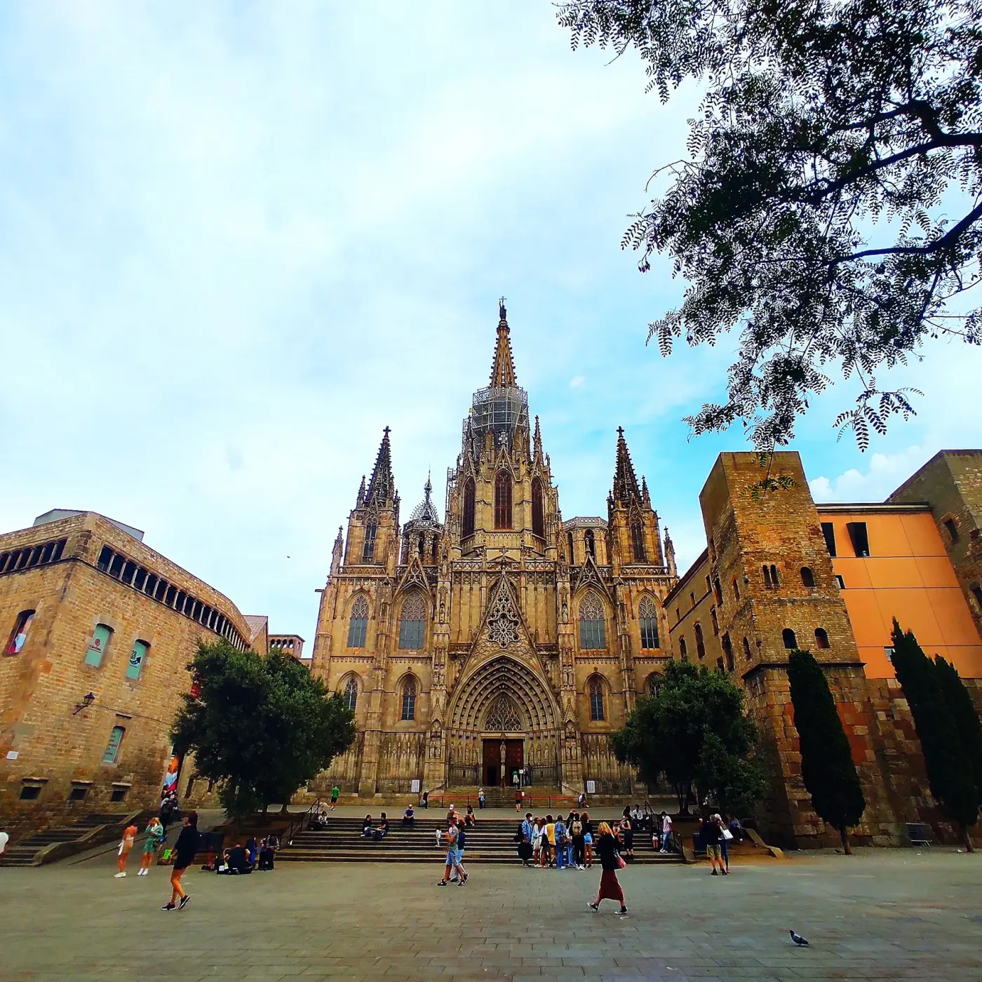 La fachada gótica tallada y la aguja central de la Catedral de Barcelona