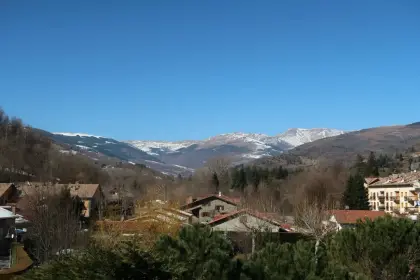 Village roofs in the valley with snow-capped peaks beyond
