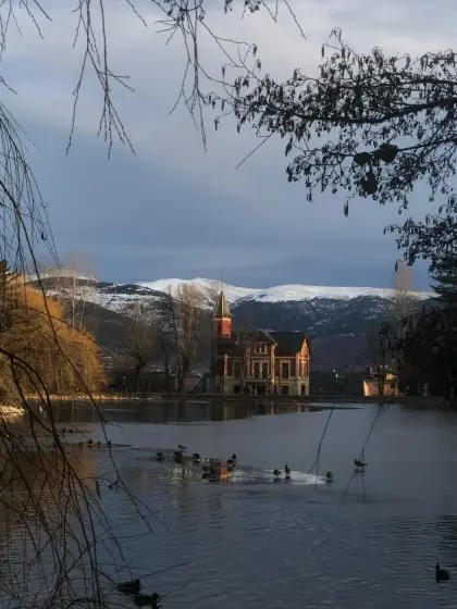 The lake and its villa seen through bare winter branches