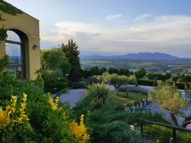 El jardín de una bodega en terraza con vistas a la llanura y las montañas