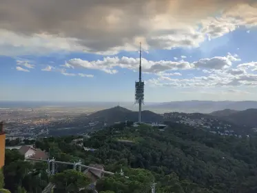 La torre de comunicacions de Collserola sobre la serra boscosa